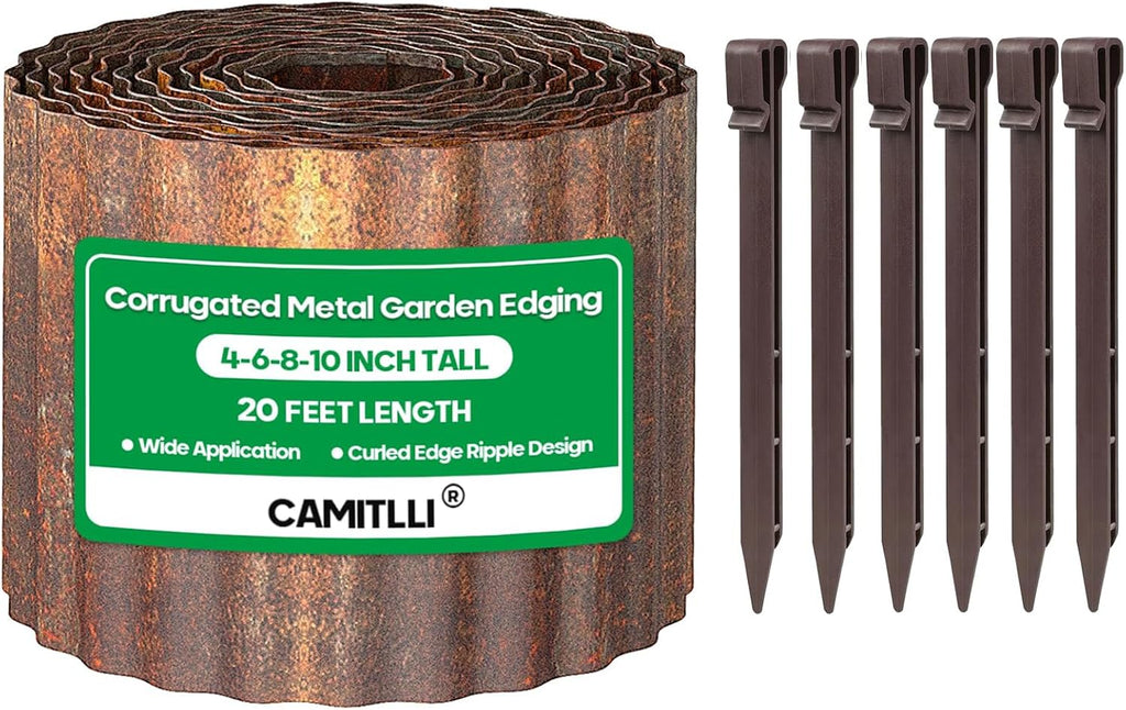 Corrugated Metal Garden Edging,Sturdy Tall Landscape Edging Borders with 6pcs Anchor Stakes, Perfect DIY for Flower Beds, Lawn and Pathway,Tree Surrounds,Paver Edges (Pre-Rusted 8"×20FT)