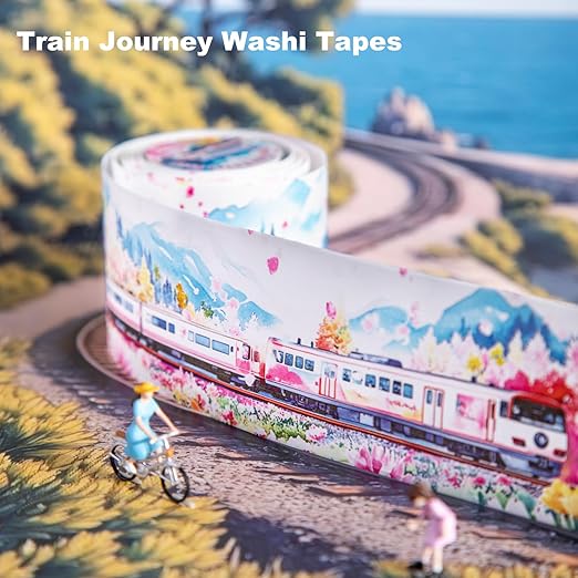 Train Scenery Washi Tape Set – 6 Rolls Travel & Nature Inspired with Clip for Scrapbook Journals DIY Crafts Decoration 1.97"x78.7" 39.37in per Loop