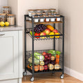 Fruit Vegetable Cart, 3-Tier Snack Kitchen Cart on Wheels & Wood Top, Utility Shelf Rack Organizer for Fruit, Vegetables, Potato, Snack, Brown