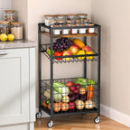 Fruit Vegetable Cart, 3-Tier Snack Kitchen Cart on Wheels & Wood Top, Utility Shelf Rack Organizer for Fruit, Vegetables, Potato, Snack, Brown