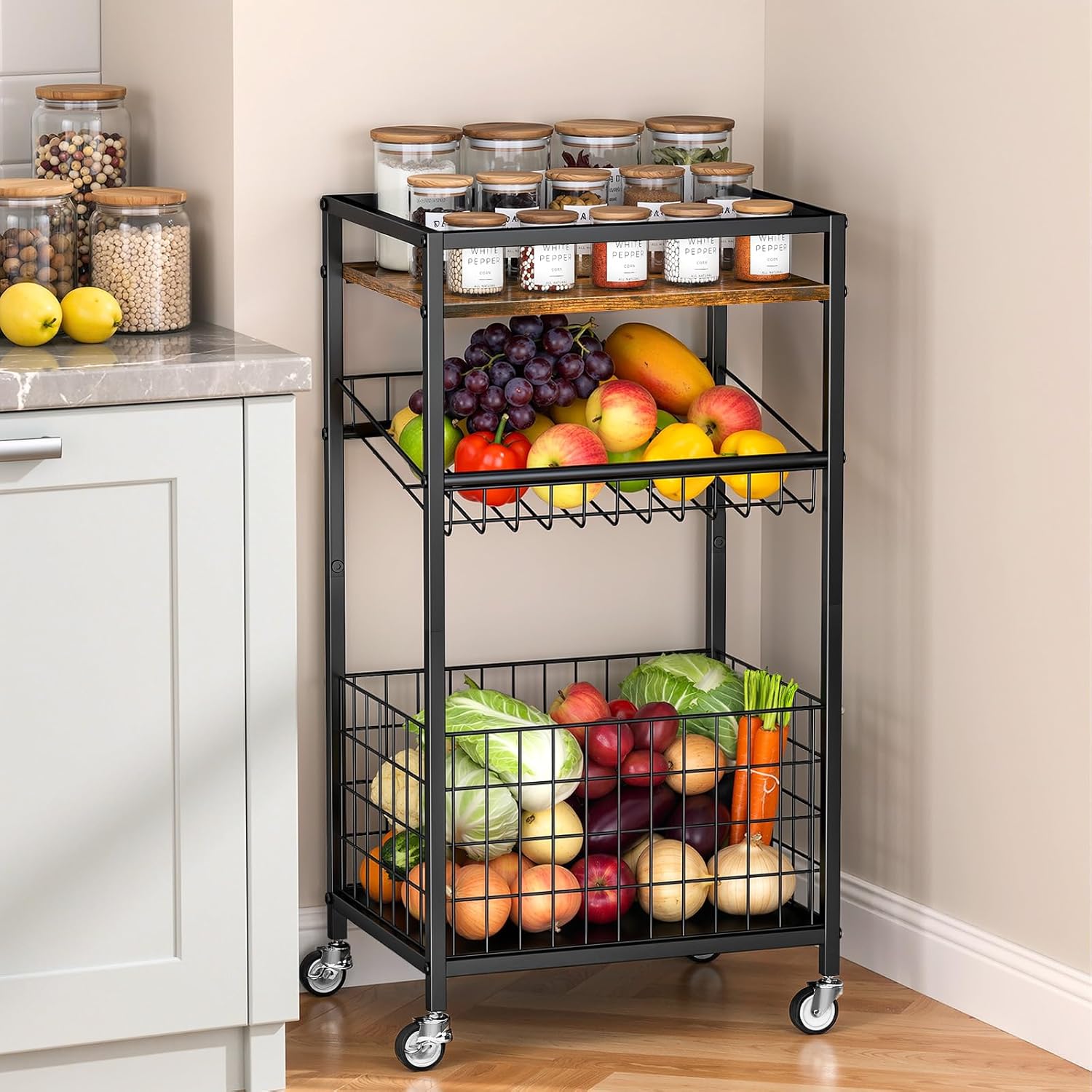 Fruit Vegetable Cart, 3-Tier Snack Kitchen Cart on Wheels & Wood Top, Utility Shelf Rack Organizer for Fruit, Vegetables, Potato, Snack, Brown