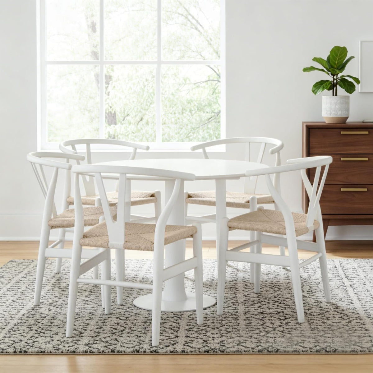 Tomile CH24 Wishbone Chairs Set of 4, Modern White Dining Chair with Arms, Solid Ash Wood Frame with Woven Seat, Hans Wegner Mid-Century Y-Back Design for Kitchen & Dining Room (Ash Wood - White)