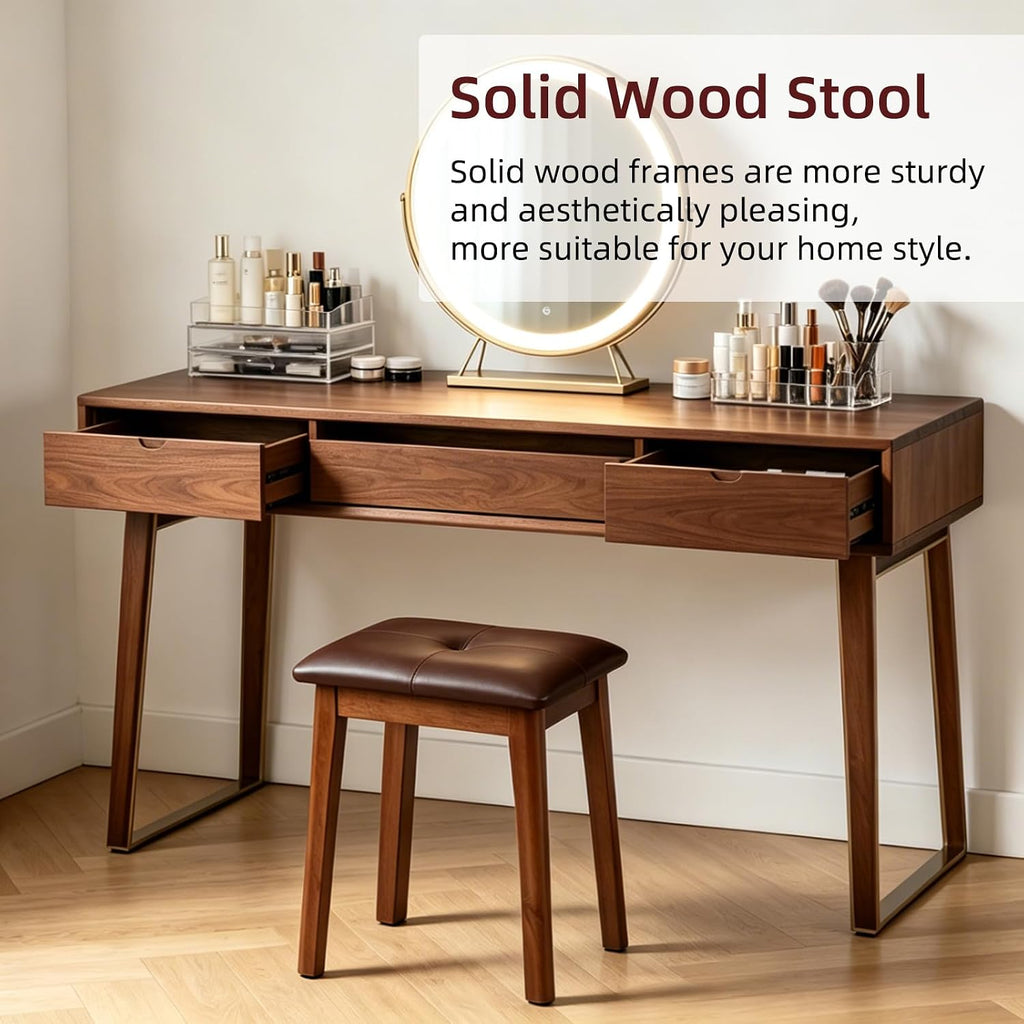 Solid Wood Vanity Stool with Cushion, 11" D x 15" W x 18" H - Small Wooden Ottoman Bench Chair Padded Seat for Bedroom/Living Room/Office/Makeup Vanity/Closet/Desk - Brown