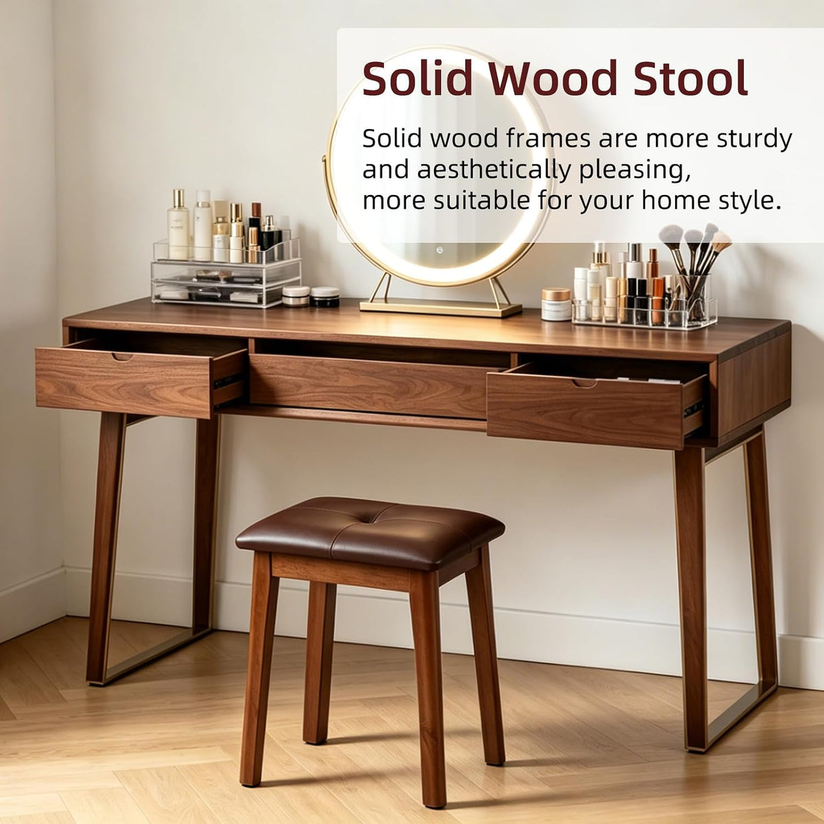 Solid Wood Vanity Stool with Cushion, 11" D x 15" W x 18" H - Small Wooden Ottoman Bench Chair Padded Seat for Bedroom/Living Room/Office/Makeup Vanity/Closet/Desk - Brown