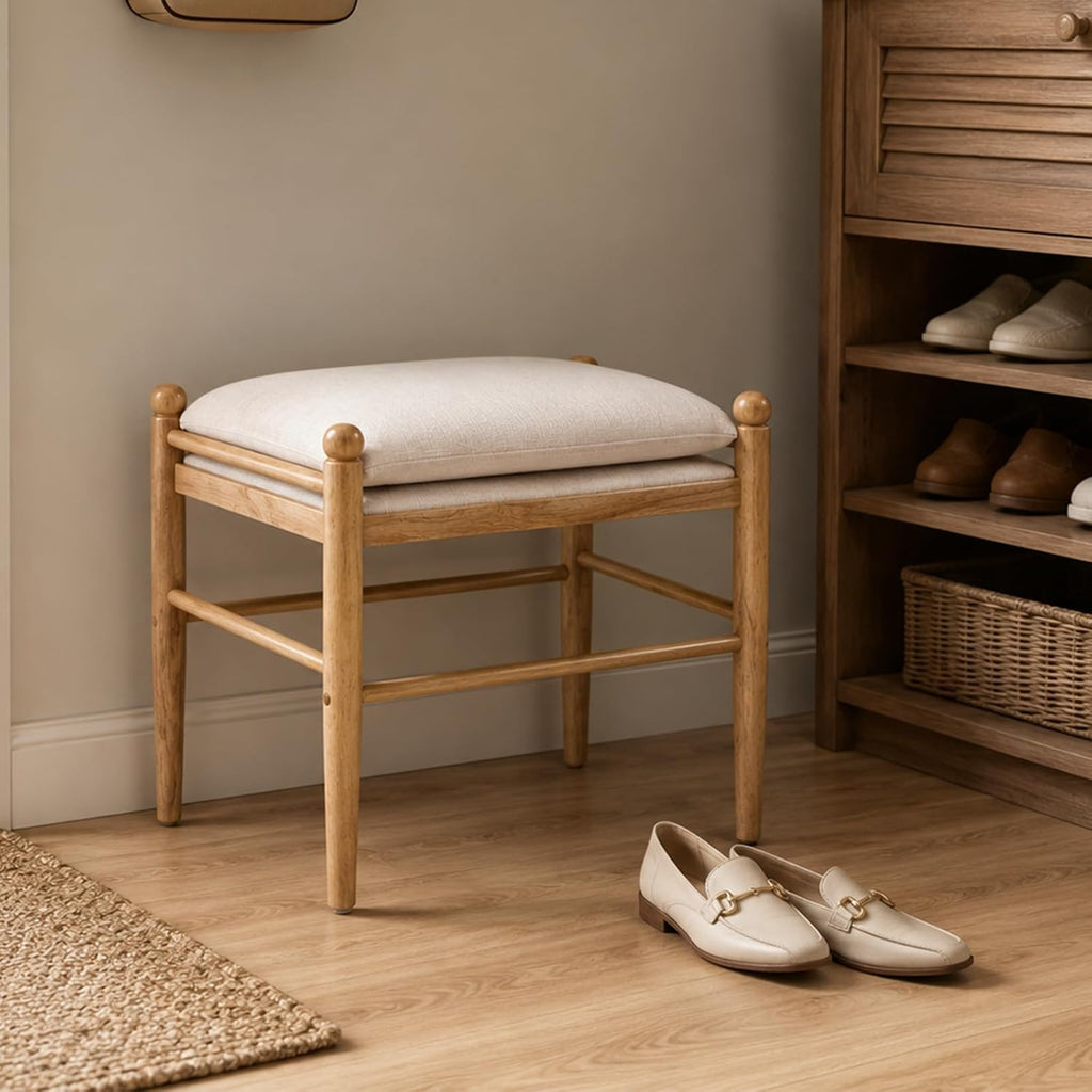 Kmax Ottoman Bench, 19 Inch Tall Vanity Chairs No Wheels, Upholstered Ktichen Chairs Backless Farmhouse Wooden Side Chairs for Dining Room, Extra Seating for Living Room - Linen, Beige