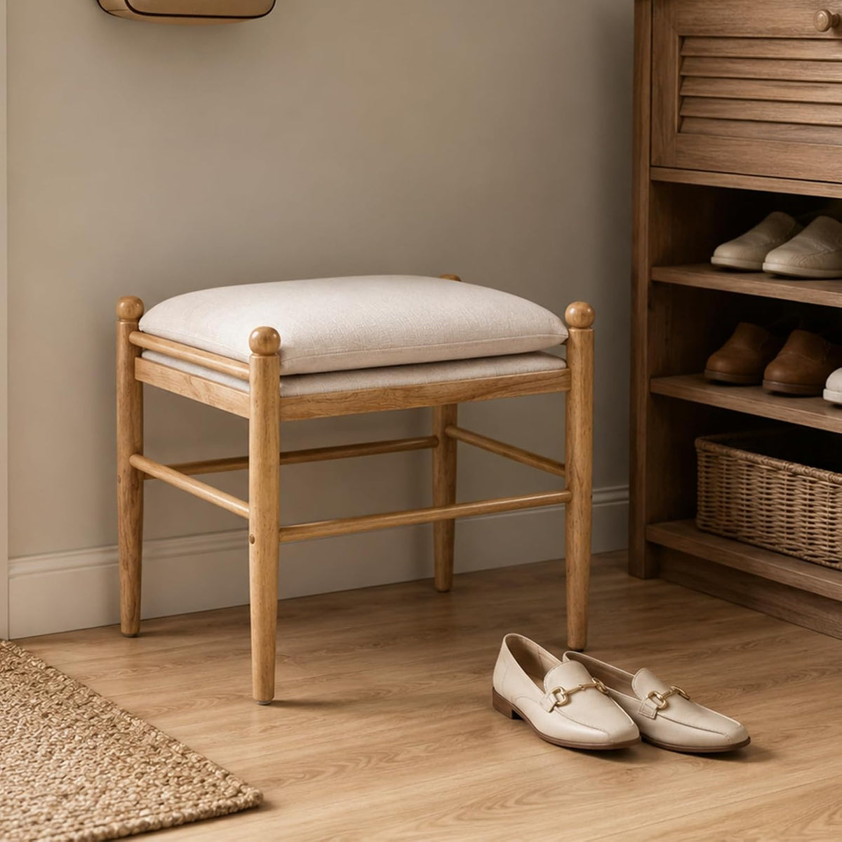 Kmax Ottoman Bench, 19 Inch Tall Vanity Chairs No Wheels, Upholstered Ktichen Chairs Backless Farmhouse Wooden Side Chairs for Dining Room, Extra Seating for Living Room - Linen, Beige