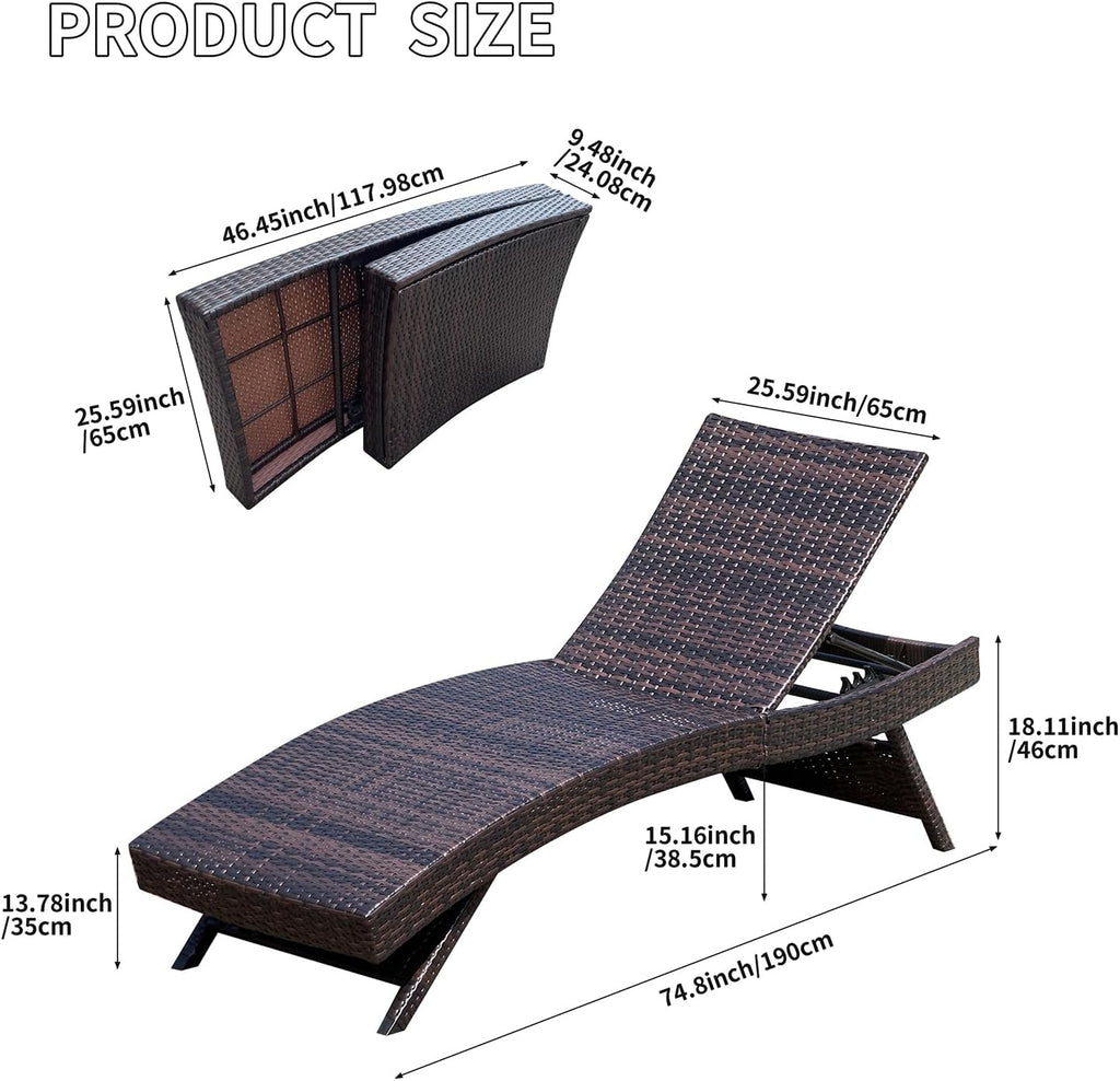 Set of Foldable Long Reclining Patio Seating Chairs, 2 Folding Chairs Patio Chaise Lounge, Outdoor Wicker Lounge Chaise, Rattan Chaise Lounge Lawn Sunbathing Recliner Beach Pool Backrest Recliners