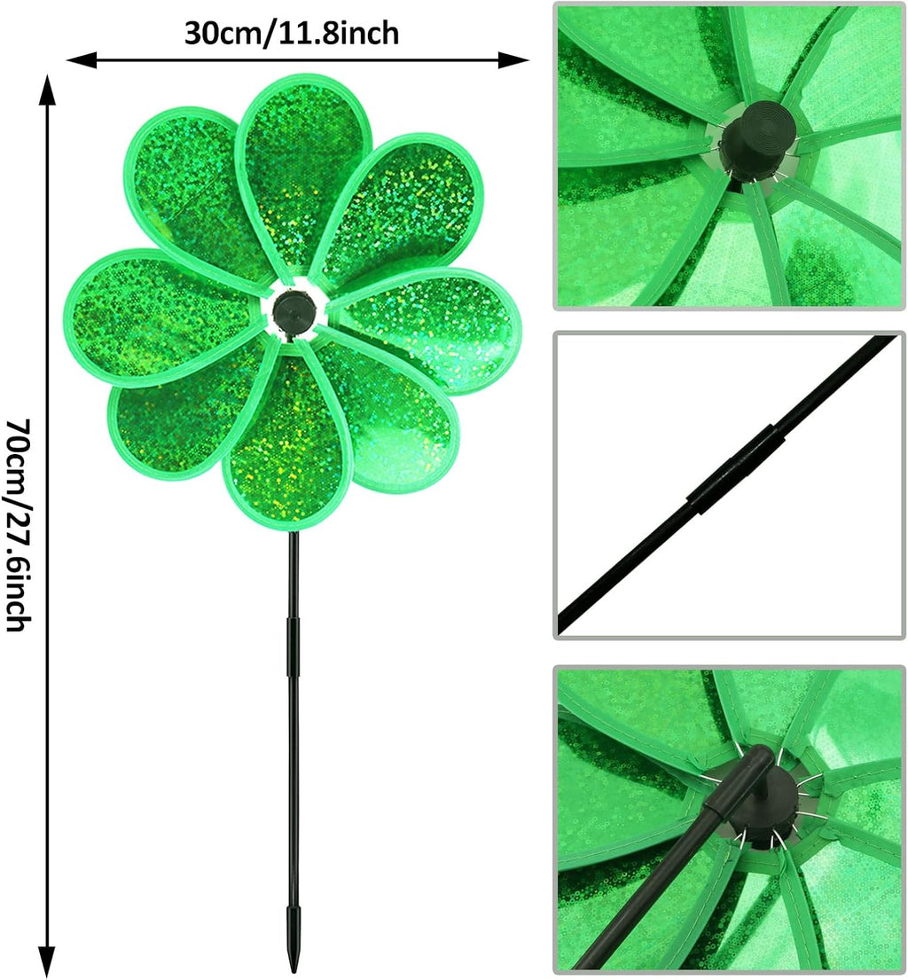 4PCS Flower Wind Spinner Sparkly Lawn Pinwheel 11.8 inch Green Garden Windmill for Christmas Garden, Party, Outdoor,Yard Decor