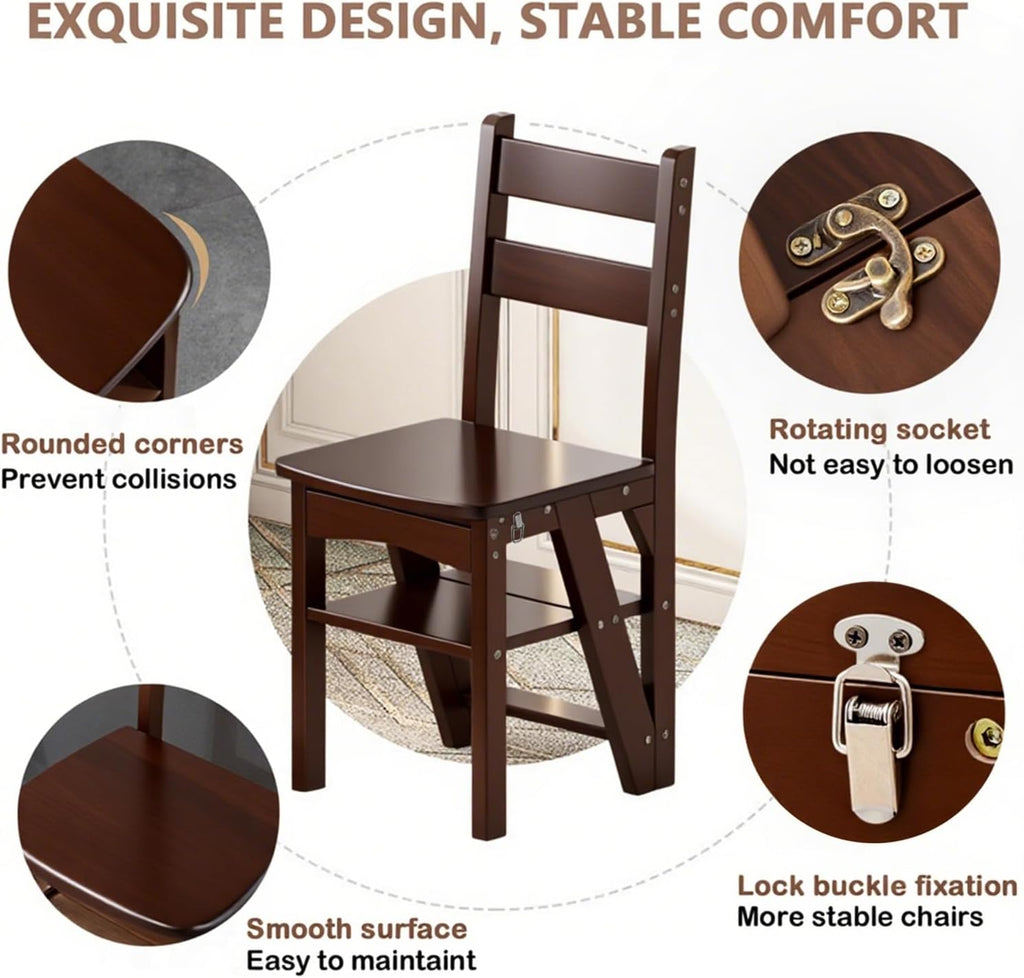 Solid Wood 3-in-1 Folding Ladder Chair, Convertible Step Stool & Display Rack, 4-Tier Multi-Functional Ladder, Dual Purpose for Home, Kitchen, Library, 265 lbs Capacity (Walnut Color, 13 x 18 x 35 in)
