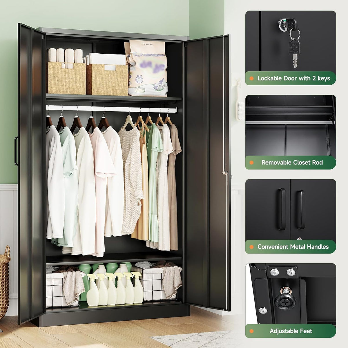 Letaya Metal Wardrobe Cabinets with Lock,Clothing Locker 72" X 36" X 18" Storage Cabinets for Home Room,Fire Department, School, Employee,Gym,Government (Black)