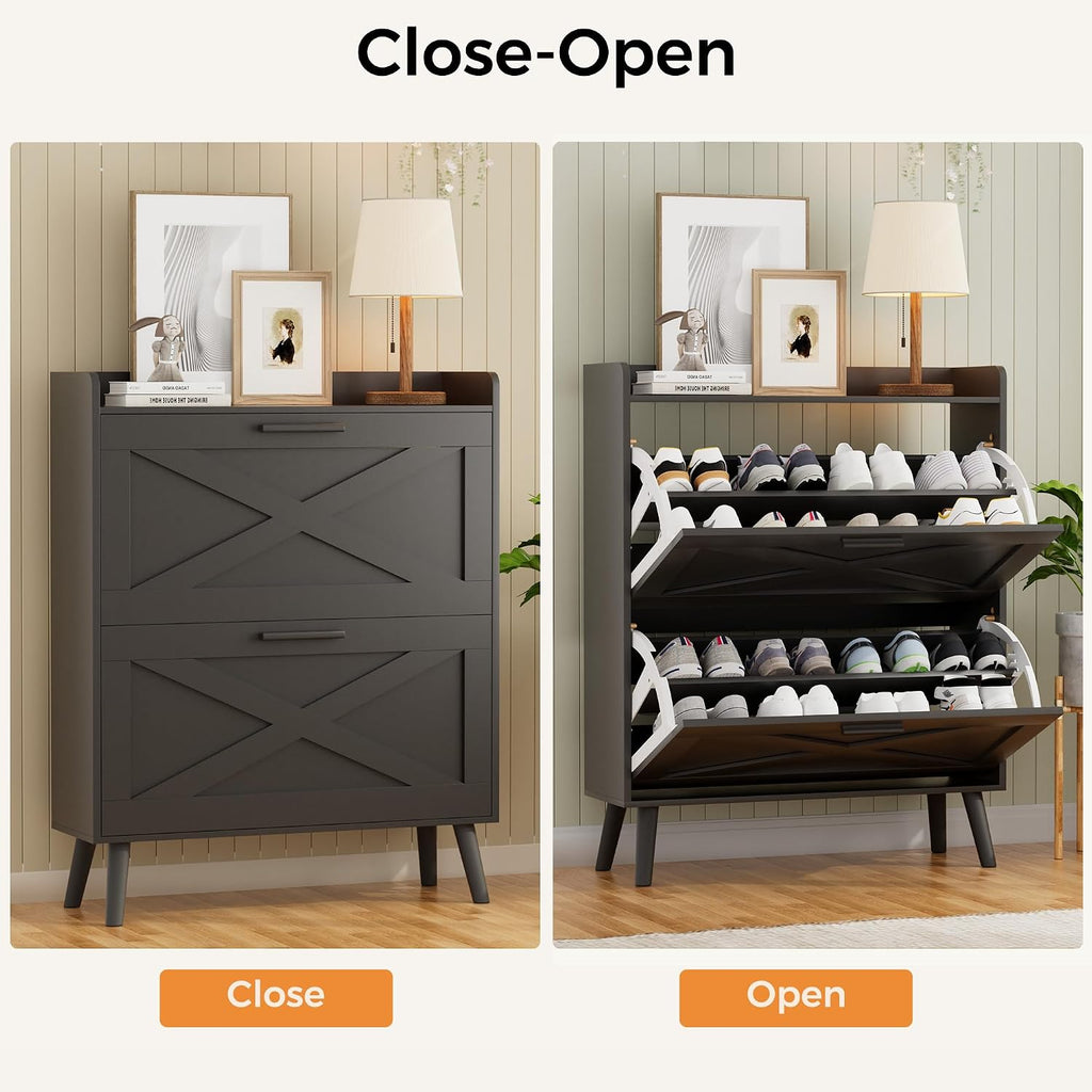Homleke Farmhouse Shoe Storage Cabinet with Flip Drawers & Barn Door Design | Slim Narrow Shoe Rack Cabinet with Adjustable Shelves & Hidden Storage for Entryway, Foyer, Hallway, Living Room, Black