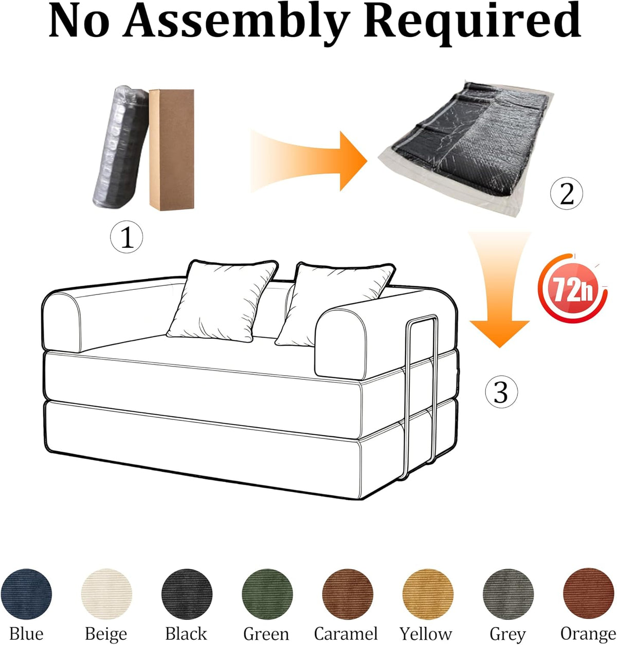 53.15'' Convertible Compressed Corduroy Folding Cloud Sofa Bed, Modern Pull Out Loveseat Sleeper in a Box, 4 in 1 Floor Mattress Futon Cloud Couch, No Assembly Needed, Orange, Pillows, Full
