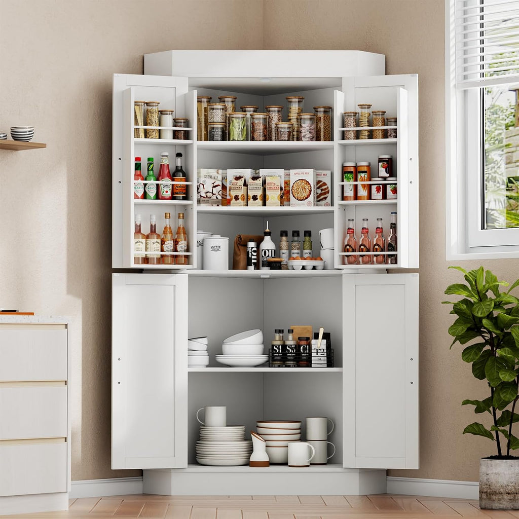 Gyfimoie Corner Cabinet,Kitchen Pantry Storage Cabinet,Freestanding Buffet Hutch with 4 Doors and Shelves,Tall Food Pantry Farmhouse Furniture with Side Rack for Kitchen Dining Room (White)