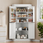 Gyfimoie Corner Cabinet,Kitchen Pantry Storage Cabinet,Freestanding Buffet Hutch with 4 Doors and Shelves,Tall Food Pantry Farmhouse Furniture with Side Rack for Kitchen Dining Room (White)