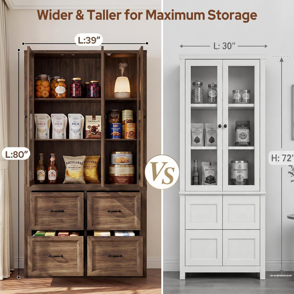 80" Modular Kitchen Pantry Cabinet, 2-in-1 Freestanding Tall Pantry Cabinet with Glass Doors & Adjustable Shelves, Large Hutch Storage Cabinet for Kitchen & Living Room (2, Cracked Oak, AB)