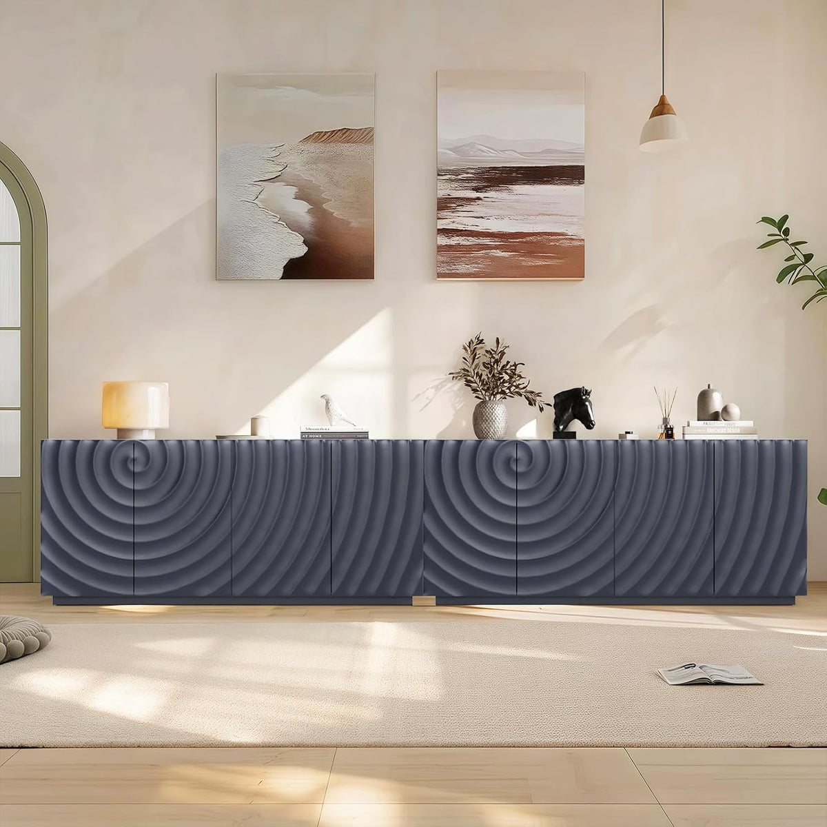 4 Door Modern Sideboard Buffet Cabinet with Spiral Grain, Accent Storage Sideboard Freestanding Anti-Dumping Storage Cabinet Buffet for Kitchen & Living Room (Navy Blue)