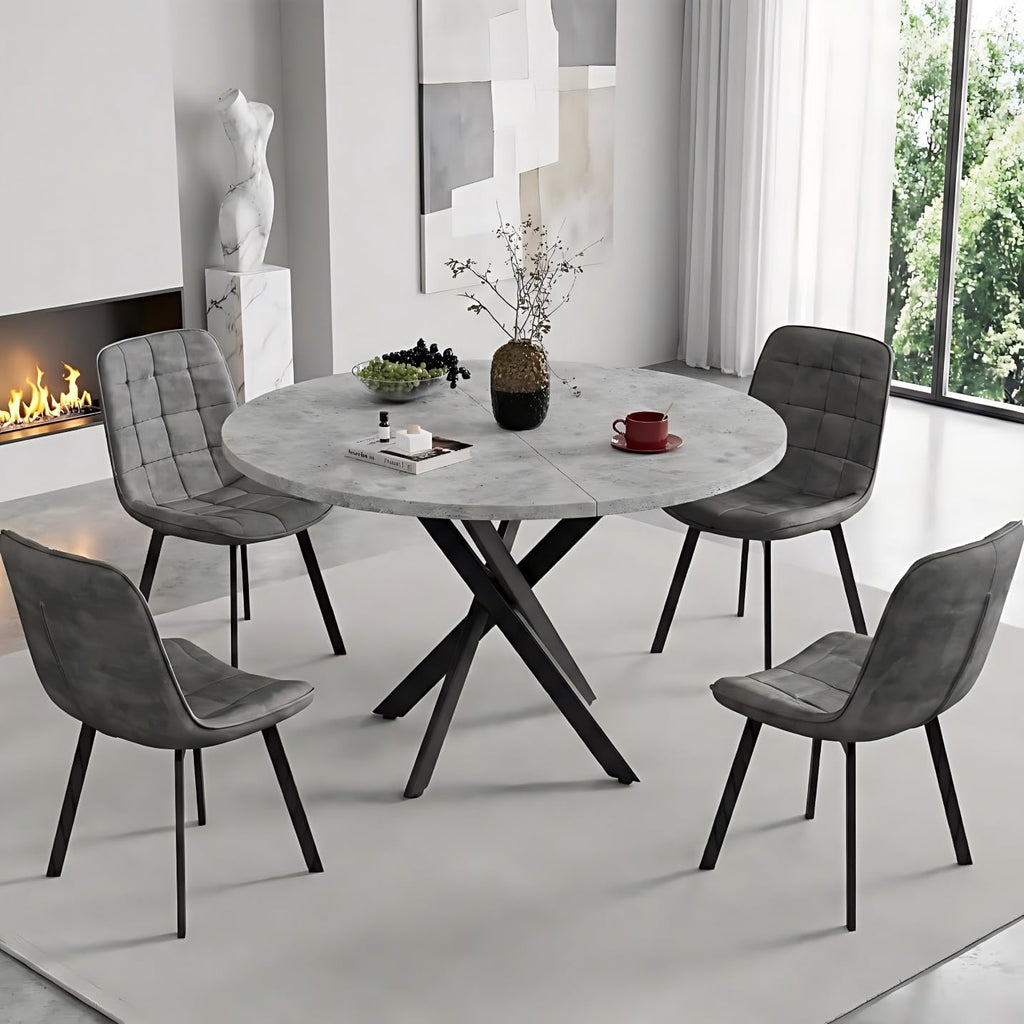 EROMMY Round Dining Table Set for 4, Modern Kitchen Table and Chairs with X-Shaped Table Legs & U-Shaped Thick Cushion, Wooden Dining Room Set for Dining Room Kitchen (Gray Table + 4 Gray Chairs)