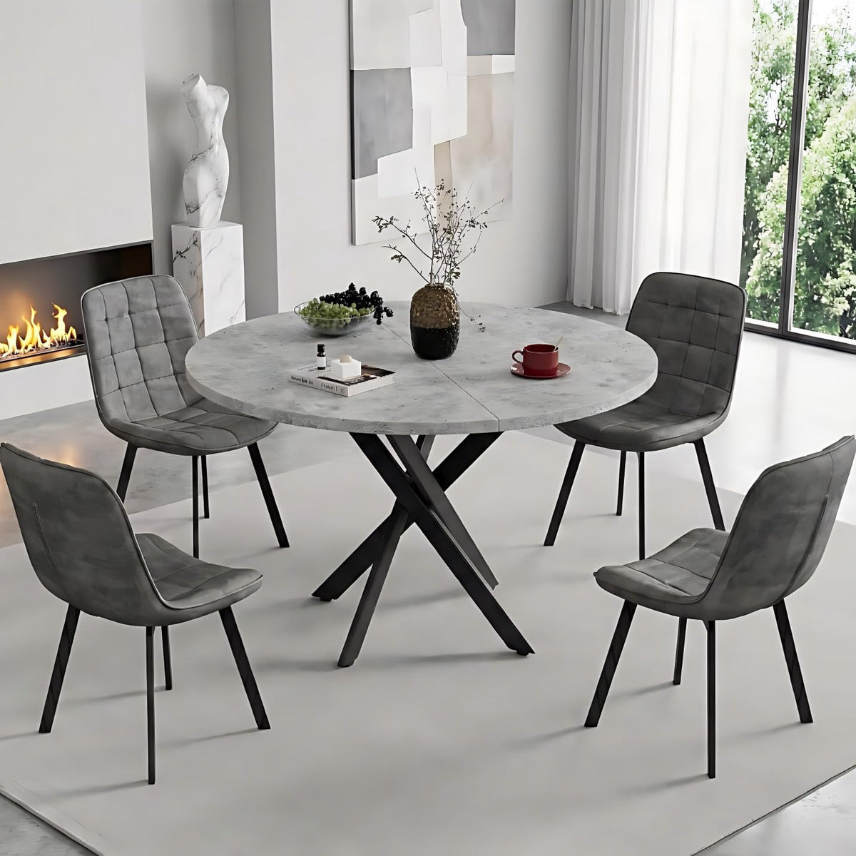 EROMMY Round Dining Table Set for 4, Modern Kitchen Table and Chairs with X-Shaped Table Legs & U-Shaped Thick Cushion, Wooden Dining Room Set for Dining Room Kitchen (Gray Table + 4 Gray Chairs)