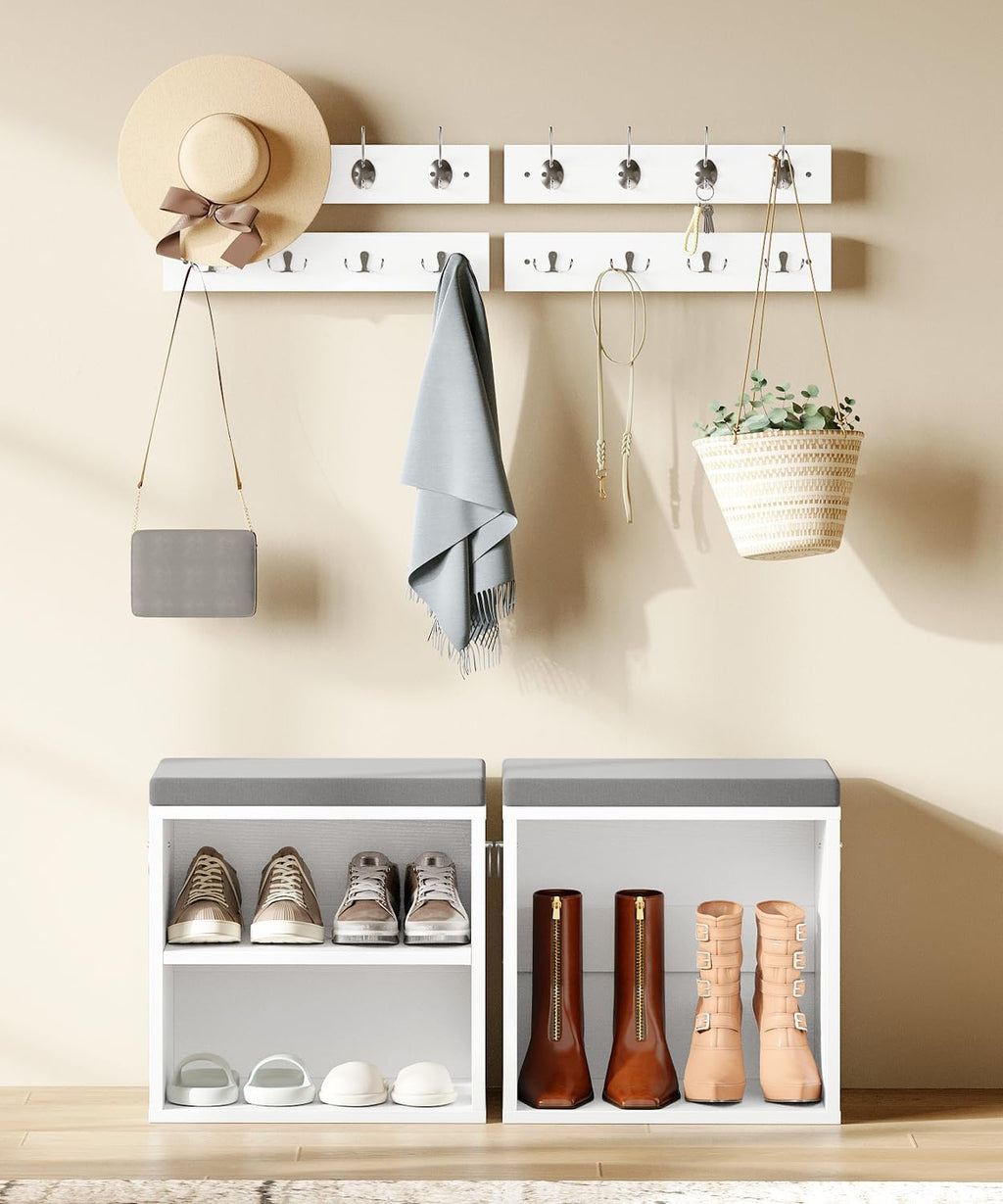 HOOBRO Shoe Storage Bench with Cushion, Entryway Bench with Coat Rack Set, Small Shoe Storage Organizer with Adjustable Shelf, for Narrow Hallway Foyer, Bedroom, White and Gray WG28HX01