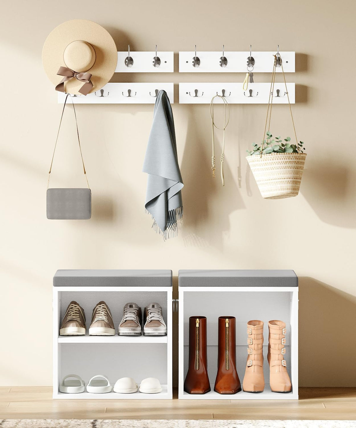 HOOBRO Shoe Storage Bench with Cushion, Entryway Bench with Coat Rack Set, Small Shoe Storage Organizer with Adjustable Shelf, for Narrow Hallway Foyer, Bedroom, White and Gray WG28HX01