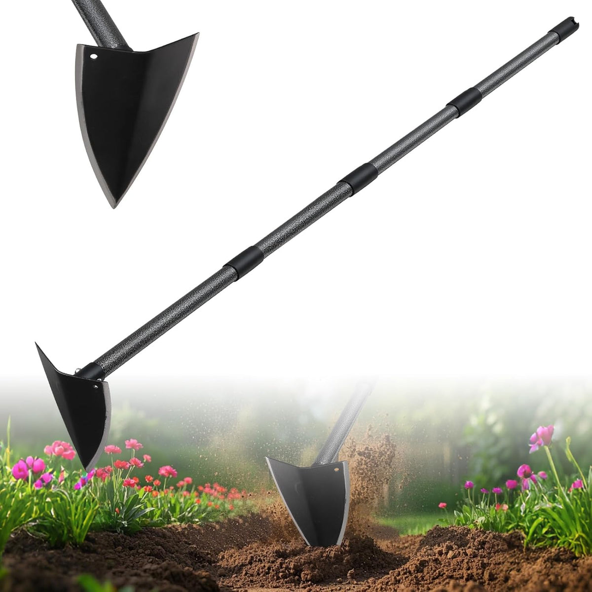 Hoe Garden Tool,Triangle Gardening Hoe with Sharp Blade for Digging,Weeding,Cutting and Loosing Soil,60 Inch Adjustable Length Metal Handle…