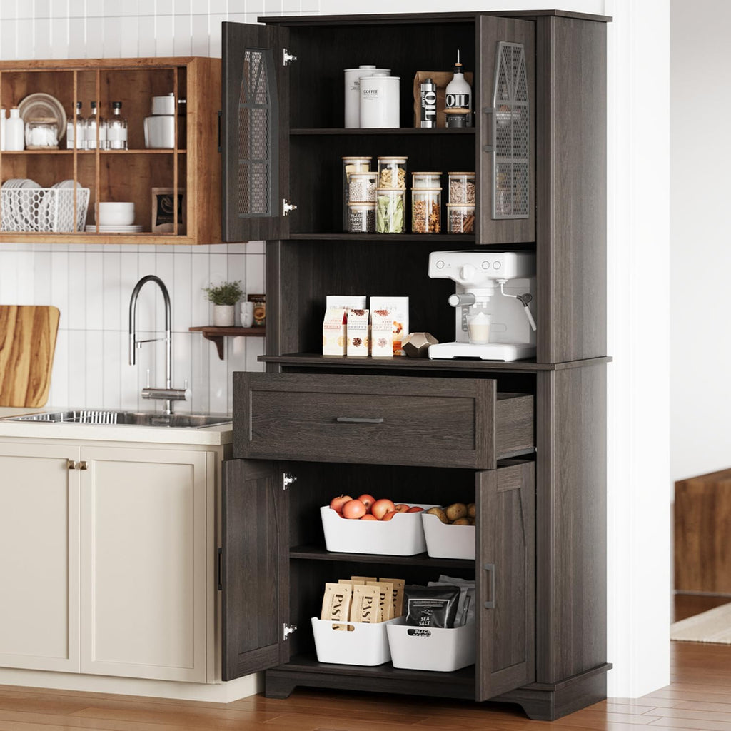 Kitchen Pantry Storage Cabinet with Doors and Shelves, Industrial Pantry Storage with Iron Mesh Doors for Kitchen Dining Room, Living Room, Black