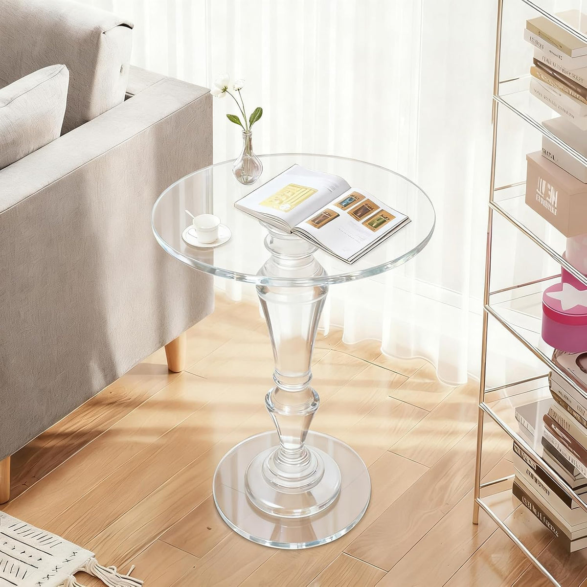 Acrylic End Table Clear Coffee Table with Round Tabletop, Multifuntional Side Drink Tables for Small Spaces Small Side Tables for Living Room Bedroom & Study Rooms, 13" D X 13" W X 20" H