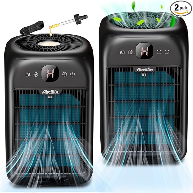 2-Pack Air Purifiers for Home Large Room Up to 908 Sq Ft Each One, HEPA Air Purifiers for Bedroom with Aromatherapy, HEPA Filter for Smoke, Pet Dander, 99.9% of 0.1 Microns Particles Black