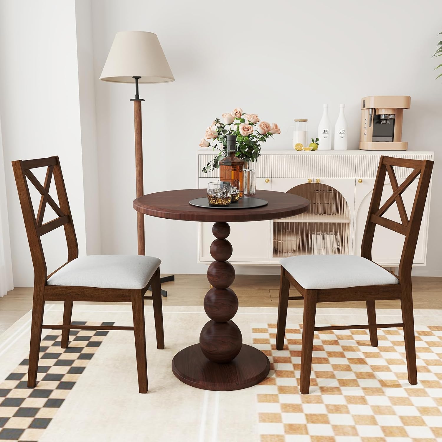 POWERSTONE Dining Chairs Set of 2, Wooden Kitchen Chairs with Soft Fabric Seat for Dining, Living Room, Restaurant - Mid Century Farmhouse Dining Chairs(Brown & White)