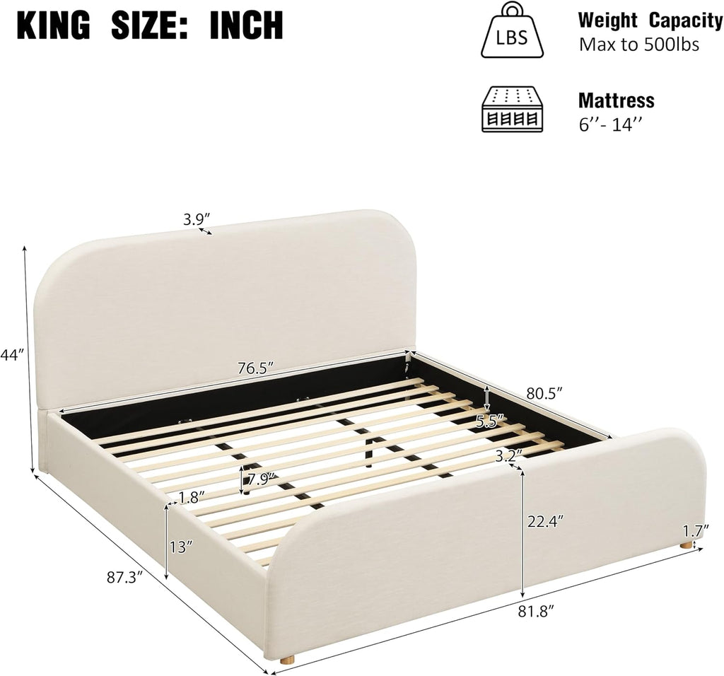 Merax King Size Bed Frame, Upholstered Linen Platform Bed with 44 Inch Tall Headboard & Footboard, Solid Wood Base, Soft Curved Edges Design King Bedframe, No Box Spring Needed, Easy Assembly, Beige