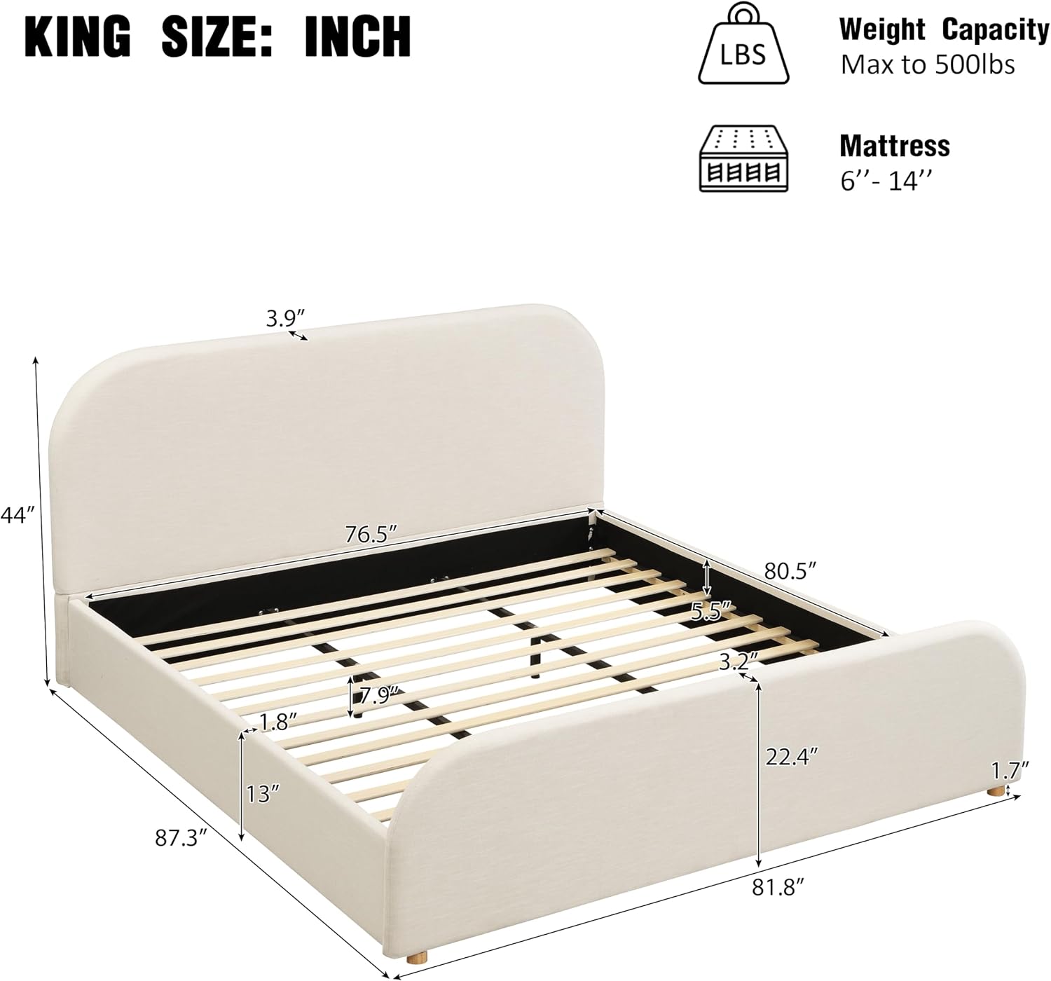 Merax King Size Bed Frame, Upholstered Linen Platform Bed with 44 Inch Tall Headboard & Footboard, Solid Wood Base, Soft Curved Edges Design King Bedframe, No Box Spring Needed, Easy Assembly, Beige