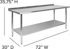 EMMA + OLIVER Stainless Steel 18 Gauge Kitchen Prep and Work Table with Backsplash and Shelf, NSF - 72" W x 30" D