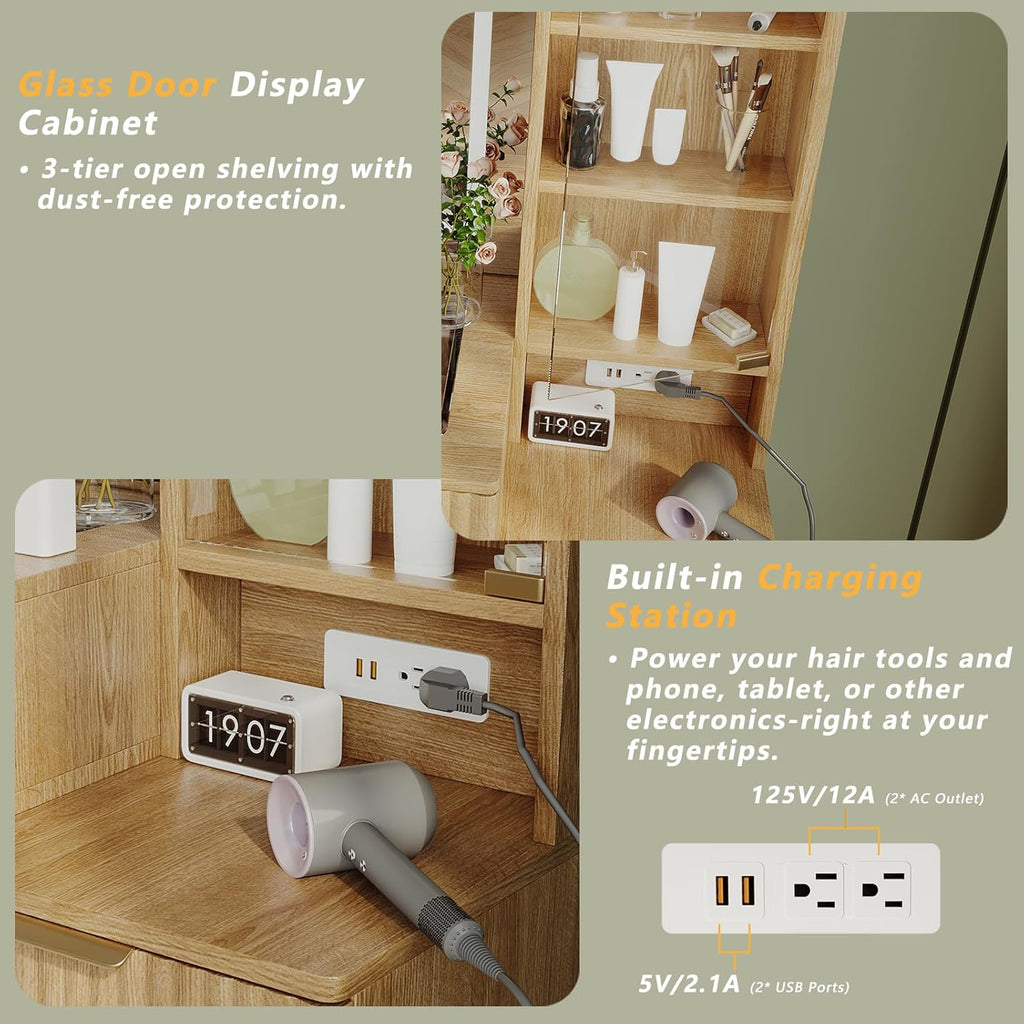 Fluted Vanity Desk with 36" LED Mirror, 48" Modern Makeup Table with Charging Station, Glass Door Display Cabinet & Tempered Glass Top, 5 Drawers and 3-Tier Shelves for Bedroom (Natural Oak)