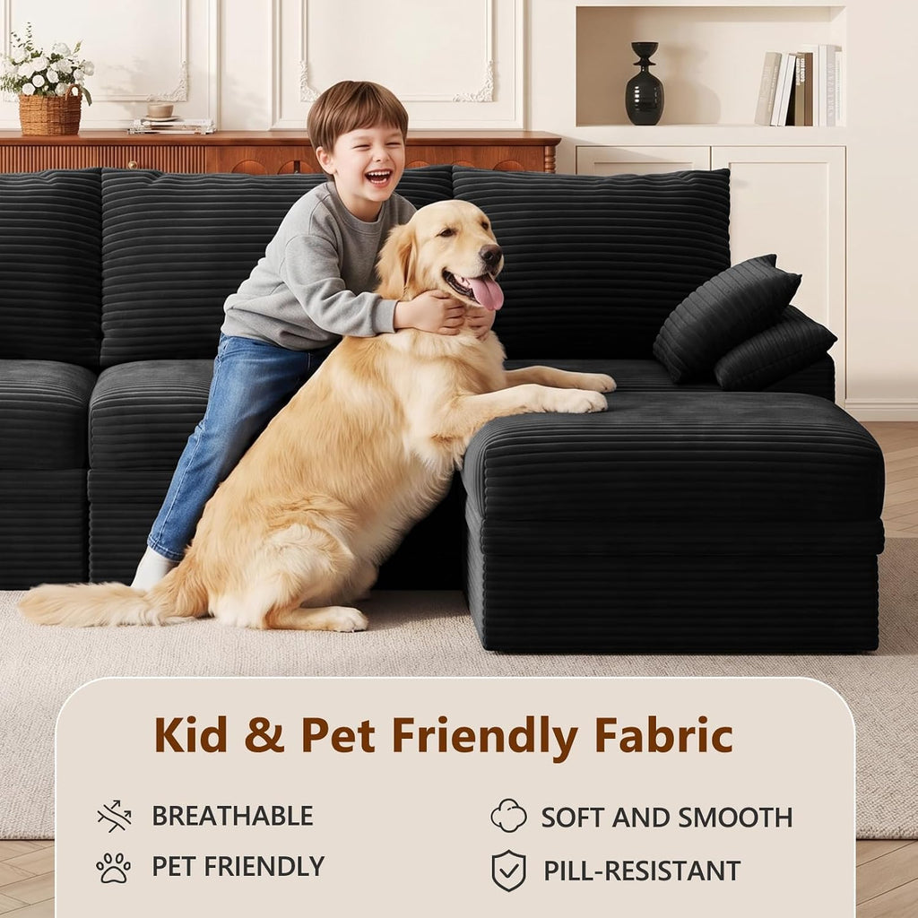 107" Modular Sectional Sofa Couch with Storage,U-Shape 3 Seat Comfy Modern Cloud Couch Sofa with Ottoman, 27" Deep Seat Corduroy Sofa for Living Room, Tool-Free Assembly - Black