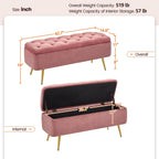 Yaheetech 43in Velvet Storage Ottoman Bench for Bedroom End of Bed, Pink | Button-Tufted Ottoman with 1.9C Storage Space, Tapered Gold Metal Legs, Sized for Entryway Living Room Window Seat