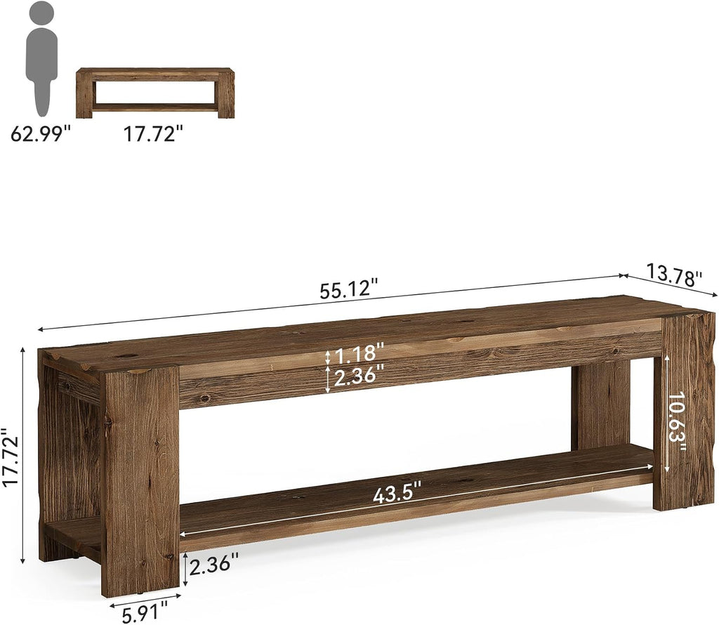 Solid Wood Entryway Bench with Storage Shelf, 55.12-Inch 2-Tier Wood Shoe Bench Seating for Entrance, Hallway, Dining Room, Living Room, Mudroom, Bedroom, Rustic Brown