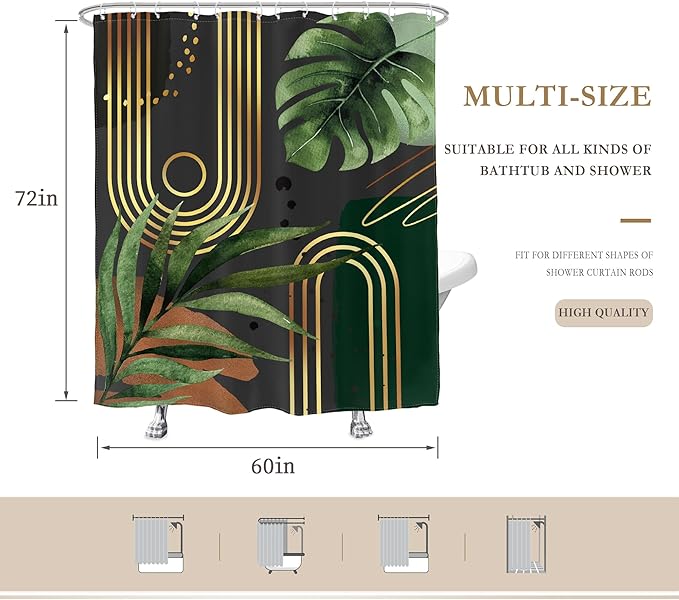 Glawry Dark Green Gold Boho Mid Century Shower Curtain Abstract Tropical Plant Minimalist Modern Geometric Palm Leaf Bathroom Simple 60Wx72L Inches Bath Accessories Art Home Decor Fabric 12 Pack Hooks