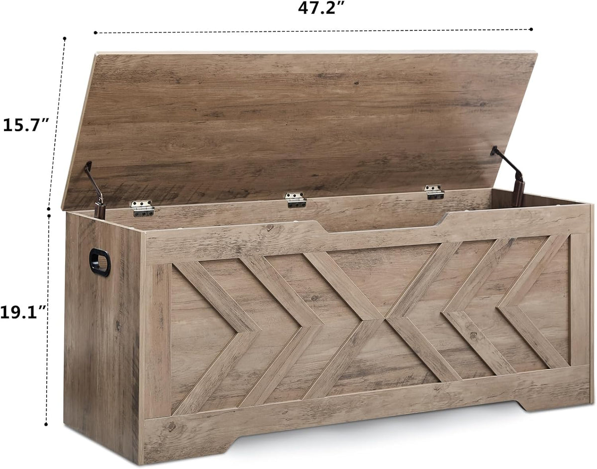 47.2” Storage Bench,Extra Large Wooden Storage Chest with 2 Safety Hinges,entryway Bench,Blanket Storage,Shoe Storage Bench for Entryway,Bedroom,Living Room,Easy Assembly.-Greige