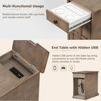 Traditional Wood Narrow End Table with Charging Station, Modern Vintage Sofa Side Table Storage & Multifunctional Drawer, Antique Brown Set of 2 for Living Room, Bedroom, Office, No Assembly