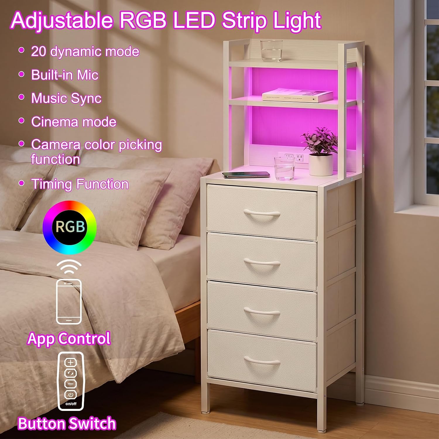 Fixwal 47 Inch Tall Nightstand with Charging Station, Led Night Stand with Socket, 4 PU Finished Fabric Storage Drawers, Office, Bedside Table & Bookshelf in One, White