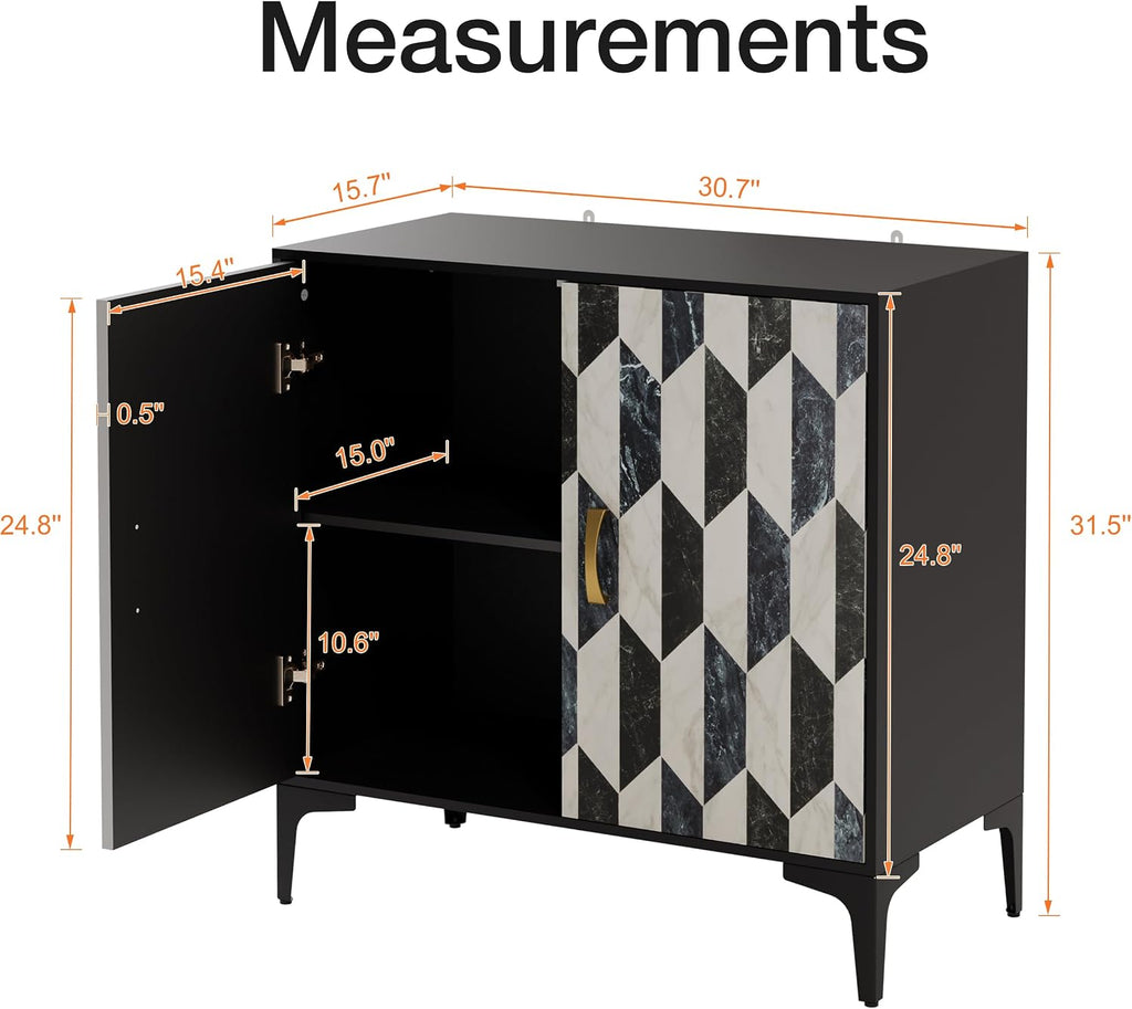 Anbuy Faux Marble Doors Sideboard Buffet Cabinbet with Storage Dining Room Buffet Cupboard Console Table Hallway, Liquor/Accent Cabinet/Geometric Cabinet, 30.7 X 15.75X 31.5 Inches(Black)
