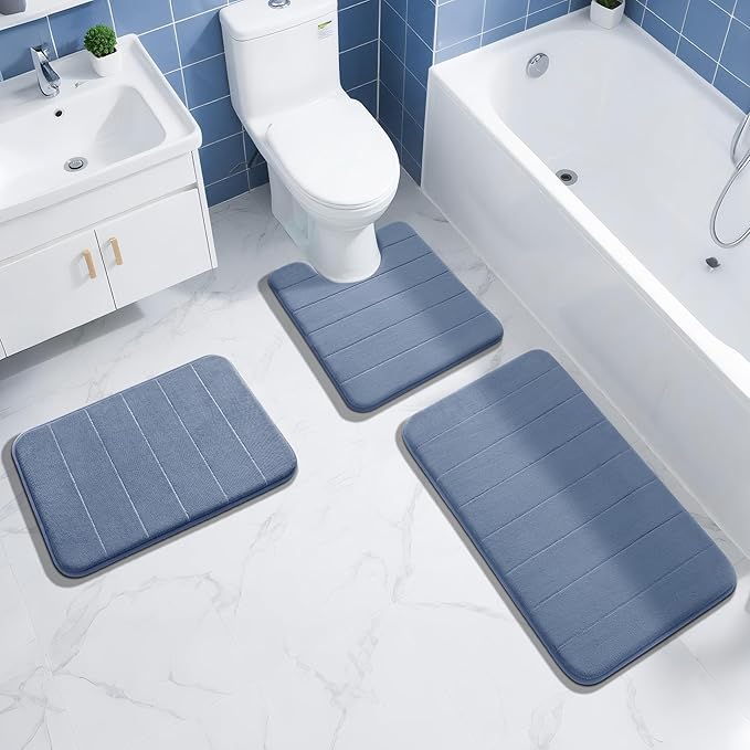 Yimobra Memory Foam Bath Mat, Super Soft Absorbent Bathroom Rug Non Slip 31.5x20 Inch, Quick Dry, Machine Washable Floor Carpet for Tub Shower, Home Decor Accessories, Denim Blue