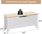 VECELO 43.3" Storage Bench, Entryway Shoe Ottoman, Farmhouse Style Bench with Handwoven Cushion and Metal Safety Hinges, for Bedroom, Living Room, Entryway, White