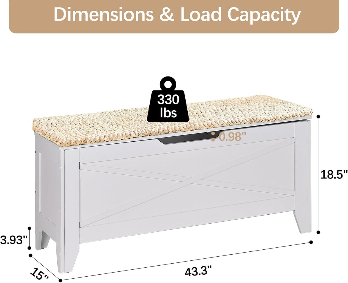 VECELO 43.3" Storage Bench, Entryway Shoe Ottoman, Farmhouse Style Bench with Handwoven Cushion and Metal Safety Hinges, for Bedroom, Living Room, Entryway, White
