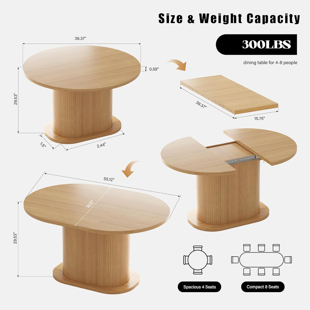39.37'' to 55.12'' Round Extendable Dining Table for 4-8 People, Expandable Wood Dining Table with Removable Leaf, Space Saving Modern Kitchen Table with Pedestal Base, Natural