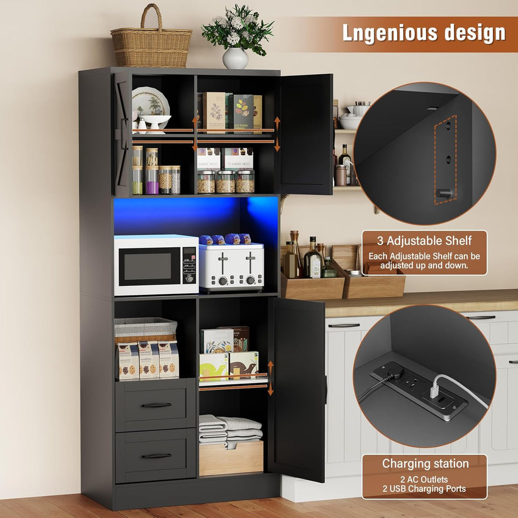 Bigbiglife Farmhouse Kitchen Pantry Cabinet with LED Lights and Power Strip, Tall Kitchen Storage Cabinet, Kitchen Hutch with Microwave Stand & Barn Doors and Drawers for Dining Room
