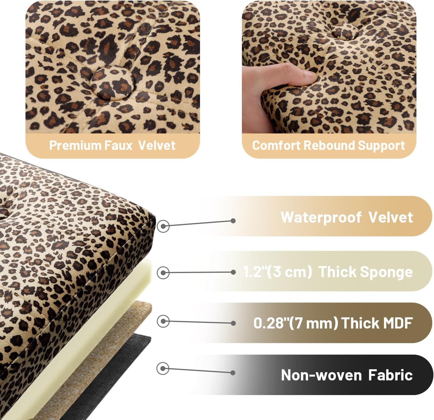 Bsketa Storage Ottoman Bench, 34" Folding Velvet Foot Rest,Leopard Print | Large Ottoman with Storage, Thicker Foam Padded Seat, Livingroom, Dorm, Bedroom, Easy to install, 86L,34 x 13 x 13in