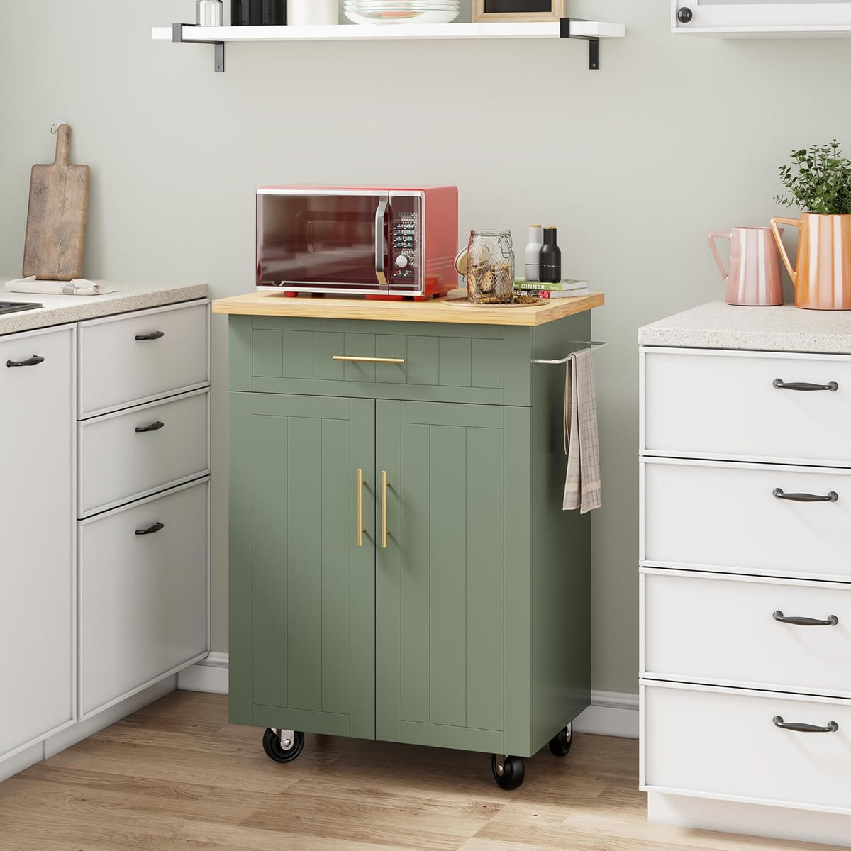 Shintenchi Kitchen Island cart with Storage, Portable Bar Cabinet on Wheels, Rolling Microwave Cart Side Table with Workstation for Kitchen, Dinning Room, Green