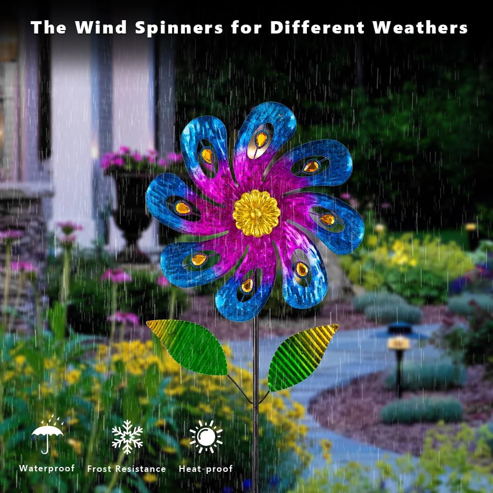 2 Packs Wind Spinners Outdoor, Metal Wind Sculptures & Spinners with Stake, Colorful Flower Windmill for Yard Patio Lawn Garden Decor, 36 x 9 Inches