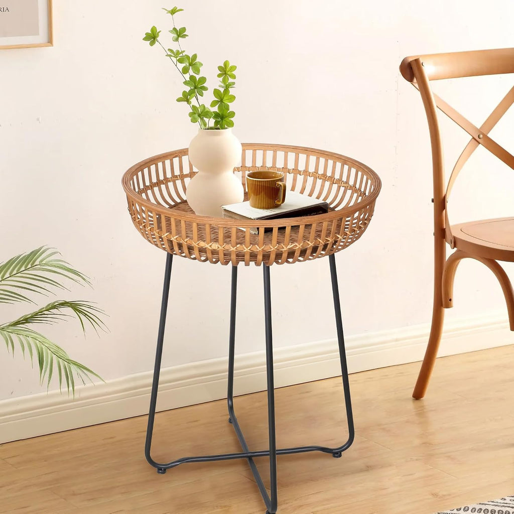 Oakrain Small End Table, Small Round Coffee, Bamboo&Rattan, Accent Table with Boho Style, for Balcony, Livng Room, Bedroom (18.11inch, 1PCS)